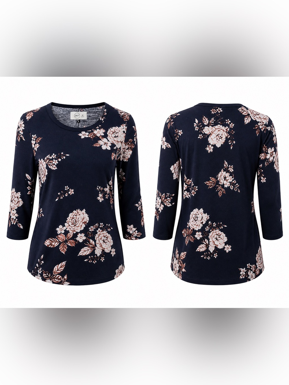 Women's Navy Floral Scoop Neck Long Sleeve Tee
